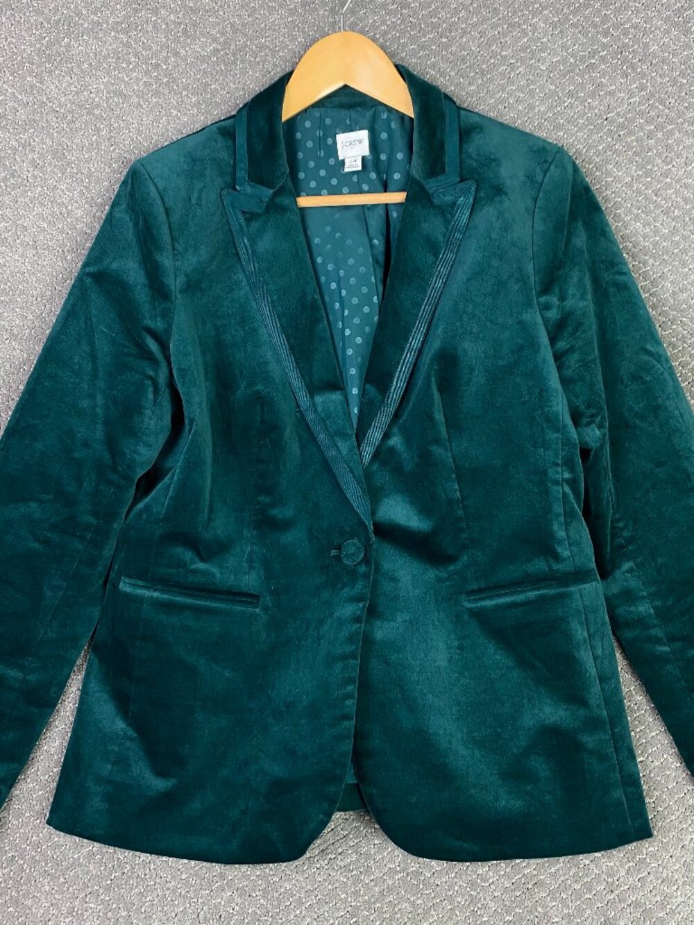 J CREW Velvet Blazer Jacket Womens 14 Forest Green One Button Tuxedo Dinner